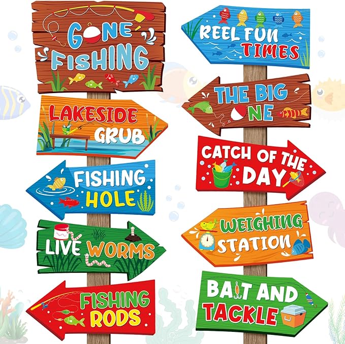 Hooqict 20 Pieces Gone Fishing Sign Fishing Birthday Party Decorations Welcome Direction Signs for Kids Summer Birthday Party Supplies Retirement Decorations Baby Shower Fish Cutouts