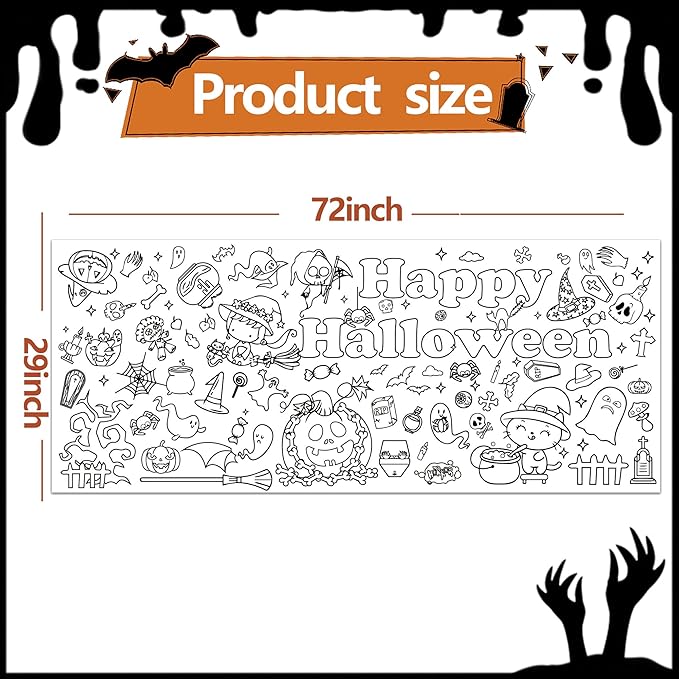 Halloween Coloring Tablecloth,30 x 72 Inches Giant Coloring Poster Halloween Paper Coloring Banner for Party Decorations