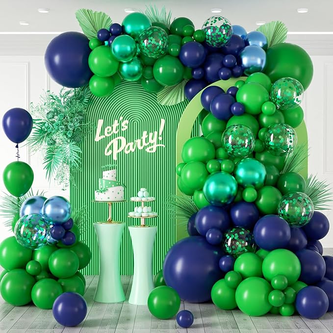 124pcs Blue and Green Balloon Arch Kit, Metallic Blue and Green Balloons with Confetti for Baby Shower Birthday Party Decoration