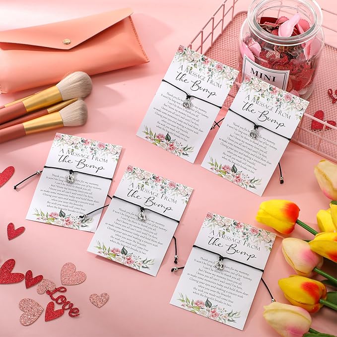 Thyle 50 Set Flower Baby Shower Favors for Guests Adjustable Bracelets with Message from the Bump Card Footprints Charm Baby Shower Bracelets for Gender Reveal Thank You Gifts