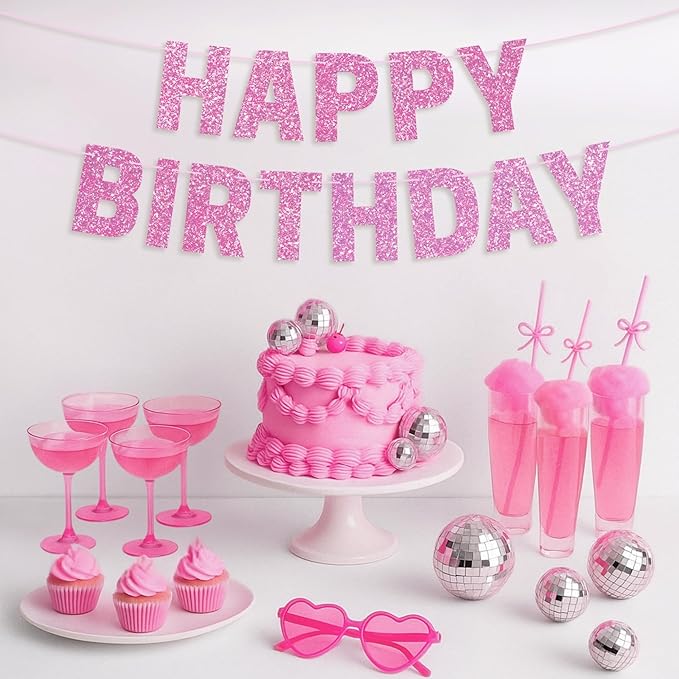 Pre-strung Happy Birthday Banner - No DIY - Pink Glitter Happy Birthday Party Banner for Girls & Women - Pre-strung on 8 ft Strands - Light Pink Bday Party Decorations & Decor. Did We Mention No DIY