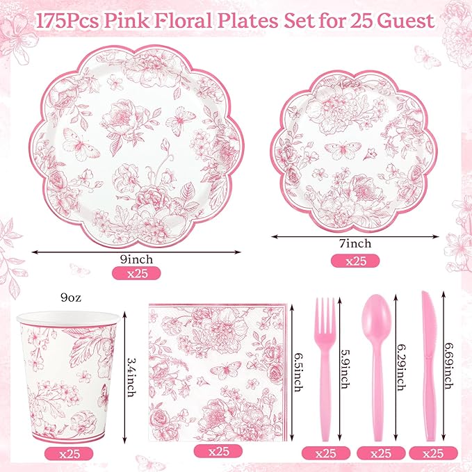 175 Pcs Pink Floral Plates and Napkins, 25 Guest Scalloped Vintage Floral Party Decorations Include Toile Plates Napkins Cups Cutlery for Mothers Day, Wedding, Bridal Baby Shower Tea Party