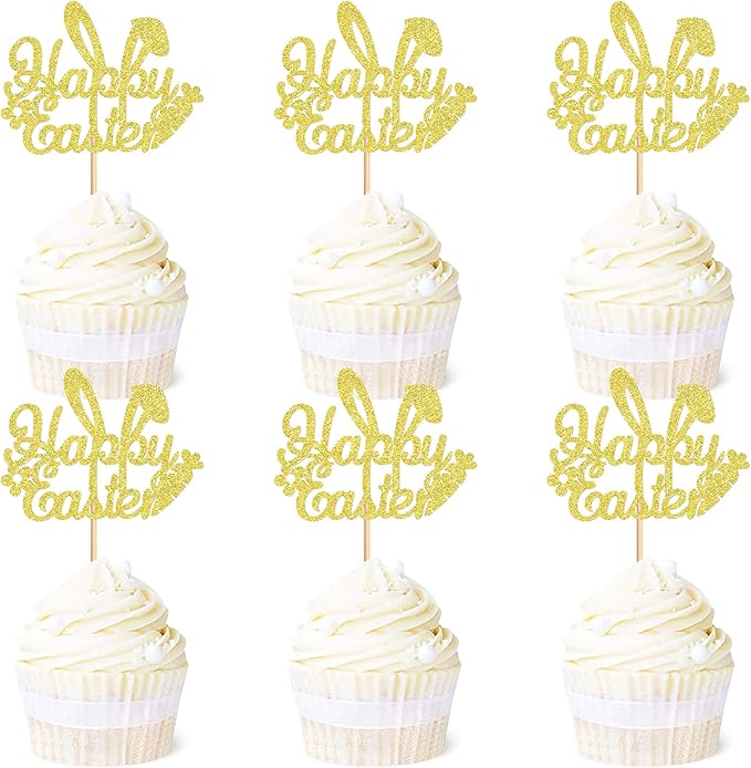 Ercadio 24Pcs Happy Easter Cupcake Toppers Glitter Golden Happy Easter Bunny Ears Cupcake Picks for Easter Day Theme Baby Shower Easter Birthday Party Cupcake Decorations