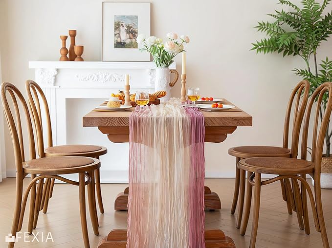 FEXIA Cheesecloth Table Runner 35x120 Inch, Ombre Pink Gauze Table Runner for Wedding, Bridal Shower, Boho Party Decor, Baby Shower, Long Table Centerpiece for Dining Table (Blush Sunset)