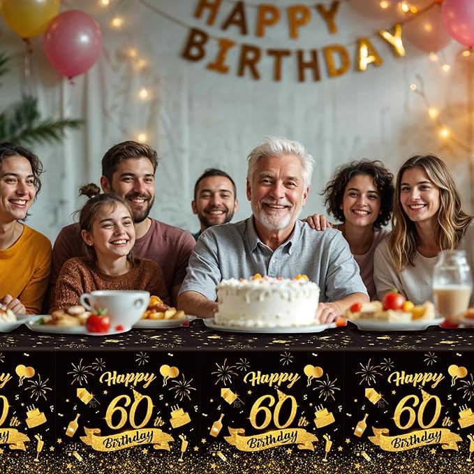 3 Pack 60th Birthday Plastic Tablecloth, 54x108 Inch Black Gold Disposable Rectangle Table Cover Waterproof Table Cloth for Birthday 60 Anniversary Party Supplies