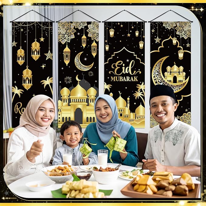Panelee 4 Pcs Ramadan Mubarak Porch Sign Banners Black Gold Eid Mubarak Decorations Muslim Ramadan Kareem Door Banner Backdrop for Home Doorway Indoor Outdoor Wall Hanging Decor