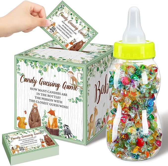 Glenmal 52 Pcs Baby Shower Games Gift Sets Large Baby Bottle for Shower Game Guess How Many Candies Decorations for Gender Reveal(Woodland Animal)