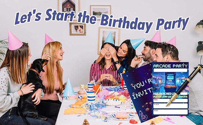 CLIRBE Arcard Games Birthday Party Invitations, Glow Neon Games Birthday Invitations For Brother Bro Teen Boys Girls, 20 Invites Cards With 20 Envelopes, Party Supplies Favors -H12