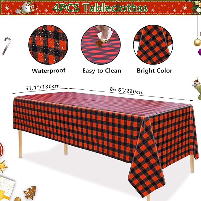 4 Pack Buffalo Plaid Tablecloths - 51x86 Disposable Plastic Red and Black Lumberjack Checkered Tablecloth for Party, Picnic, Camping, Barbecue, Christmas, Holiday Table Decor