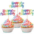 24 PCS Happy Anniversary Cupcake Toppers - Glitter Wedding Picks, Decorations for Baby Shower, Birthday Party Cake - Colorful Supplies