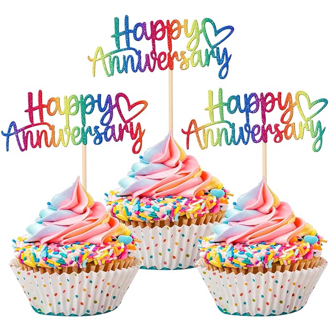 24 PCS Happy Anniversary Cupcake Toppers - Glitter Wedding Picks, Decorations for Baby Shower, Birthday Party Cake - Colorful Supplies