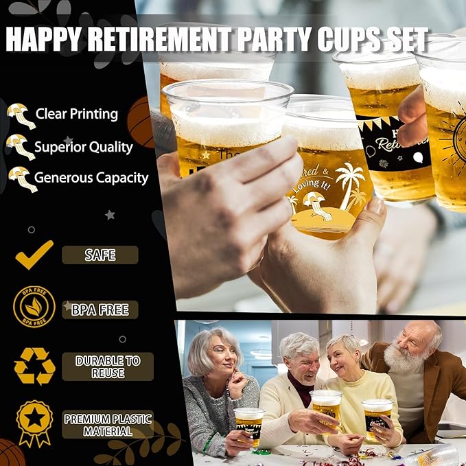 Retirement Party Decoration Cups, 50pcs 16 Oz Plastic Clear Drinking Cups for Retirement Party Supplies Favors Women Men Snack Cup Bulk