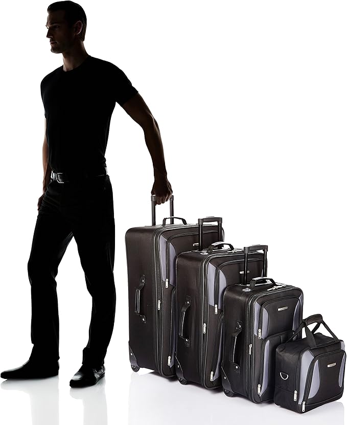 Rockland Fashion Softside 4 Piece Luggage Set, Expandable, (14" Tote/19"/24"/28"), Black Gray