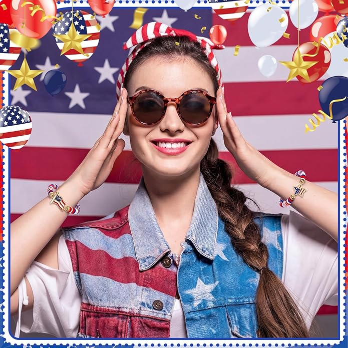 USA Bracelets Bulk 4th of July Accessories Red White and Blue Polymer Clay Beaded Stretch Bracelets for Women USA Jewelry Independence Day 4th of July Patriotic Party Favors Gifts