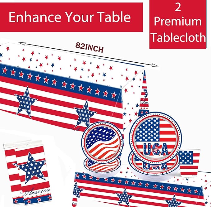 4th of July Party Supplies Tableware Set, 177 PCS Patriotic American Flag Paper Plate Disposable Set with tablecloths- Red Blue White USA Plates Napkins Cups, Forks Spoons for Picnic Barbecue