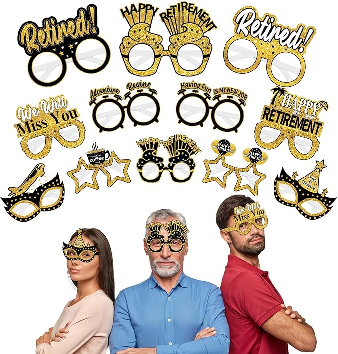 24Pcs Retirement Party Decorations Paper Glasses for Men Women, Black Gold Happy Retirement Paper Eyeglasses Party Supplies, Funny Farewell Retired Party Glasses Photo Props Decor