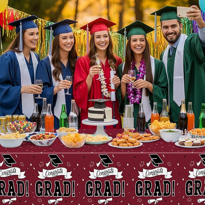 QZYL 2 PCS Graduation Decorations 2026, 108" X 54" Maroon Graduation Table Cloths, Rectangle Table Cloths for Class of 2026 Congrats Grad, Disposable Plastic Tablecover for Grad Decor Party Supplies