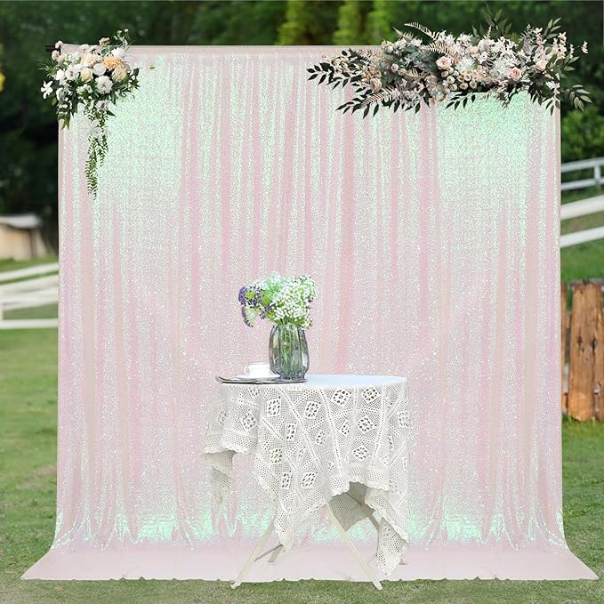 PartyDelight Iridescent White Sequin Backdrop 8x8ft - High Density 3mm Shimmer Sequin Background with 4-Inch Rod Pocket, Sparkly Photography Curtain for Wedding, Gala & Event Decor