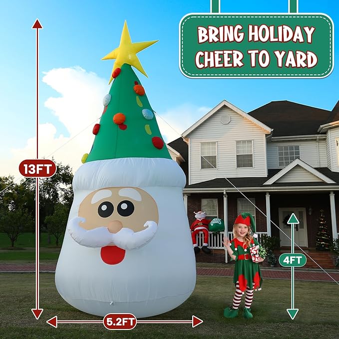 JOYHALO 13FT Inflatable Christmas Tree with Santa Face, Christmas Inflatables Outdoor Decoration Santa Christmas Tree with Bright LED Lights, Christmass Blow Up for Indoor, Yard, Lawn, Party Decor