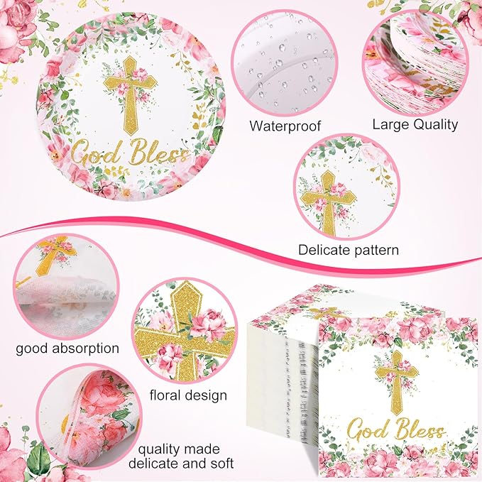 Pickmesh 250 Pcs Pink Baptism Cross Disposable Tableware Set First Holy Communion Baptism Disposable Paper Plates Napkins Cups for Christening Celebration Baby Shower Girl Religious Supplies, Serve 50