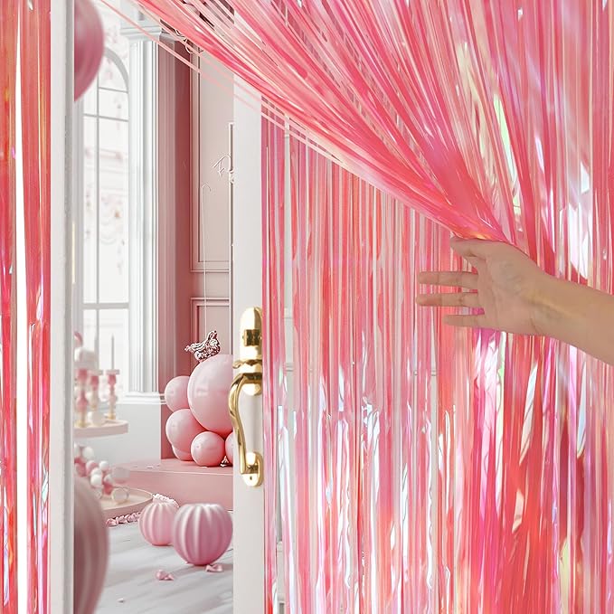 2 Pack Pink Iridescent Streamers Backdrop, 3.3x6.6ft Foil Fringe Curtains Holographic Door Tinsel Streamers for Birthday, Wedding, Holiday, Bachelorette, Baby Shower Theme Party Decorations