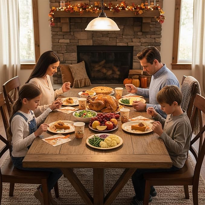Mostop 126 Pcs Tableware Set - Fall Harvest Disposable Dinnerware with Plates, Napkins, Forks, Table Covers for Autumn Celebrations, Thanksgiving Day, and Harvest Festival, Serves 25 Guests