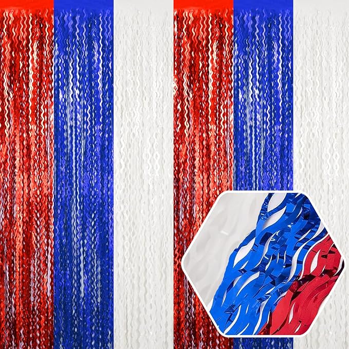 4 Pack White Blue Red Wave Foil Fringe Curtain Backdrop, 3.28Ft x 8.2Ft Metallic Tinsel Foil Fringe Streamer Curtains for Photo Booth, Mother's Day, Easter, Birthday, Wedding Party Decoration