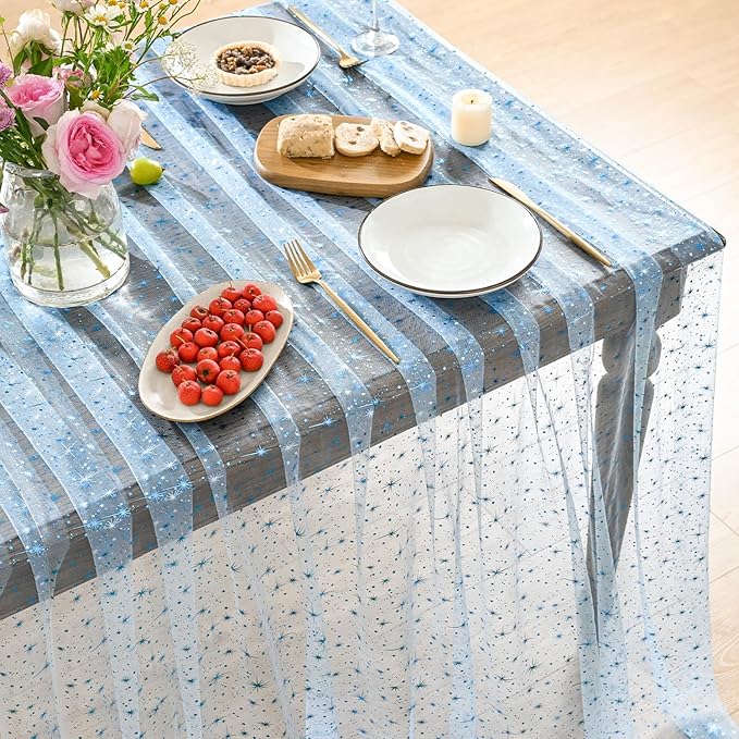 Horaldaily Light Blue Gold Sparkling Star Gauze Tablecloth 60x140 Inch Rectangular, Blue Star Sequin Glitter Metallic Foil, Sheer Tulle Cheesecloth for Wedding Baby Shower Party