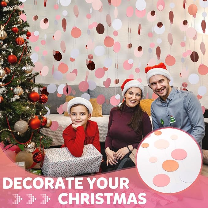52FT Party Garlands, Paper Garland Circle Dots, Hanging Circle Banner Decorations for Birthday, Party, Wedding, Baby Shower, Graduations, Christmas, Wall Decor (Pink Rose Gold Garlands)