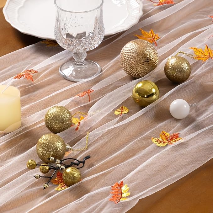 Socomi 3pcs Falll Thanksgiving Table Runner Maple Leaf Tulle Gauze Cheesecloth Embroidery Sheer Table Runners for Wedding Party Baby Shower Birthday Holiday Picnic Home Decor