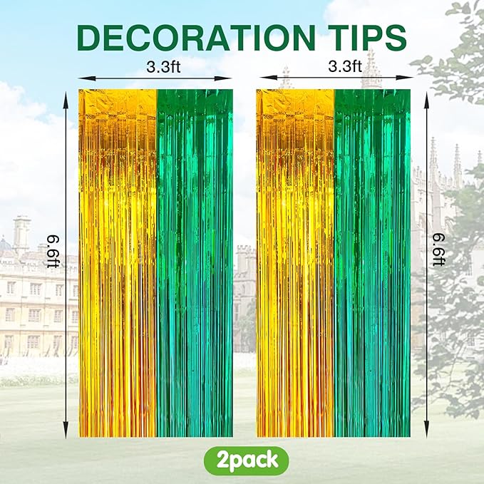 MYUPDALIN 2 Pack Green and Gold Graduation Decorations 2025 -Tinsel Foil Fringe Curtains Backdrop - High School College University Graduation Party Photo Booth Props Backdrop