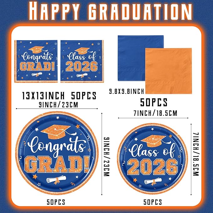 Orange and Blue Graduation Decorations, 200pcs Orange Graduation Plates and Napkins Class of 2026 Plates for Graduation Party Supplies,Serve 50