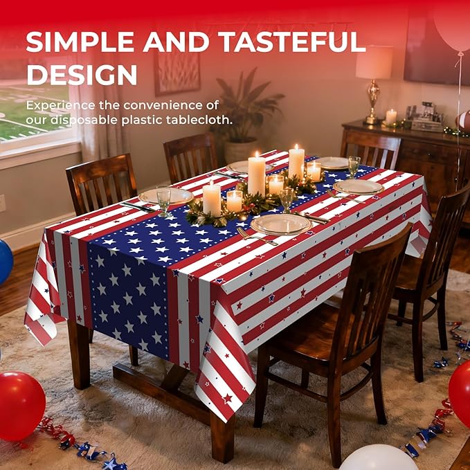 6 Pack Patriotic Disposable Plastic Tablecloth 54" x 108" Memorial Themed Party Table Cloths Disposable for 6 to 8 Foot Tables Independence Day Party Indoor or Outdoor (American Flag)