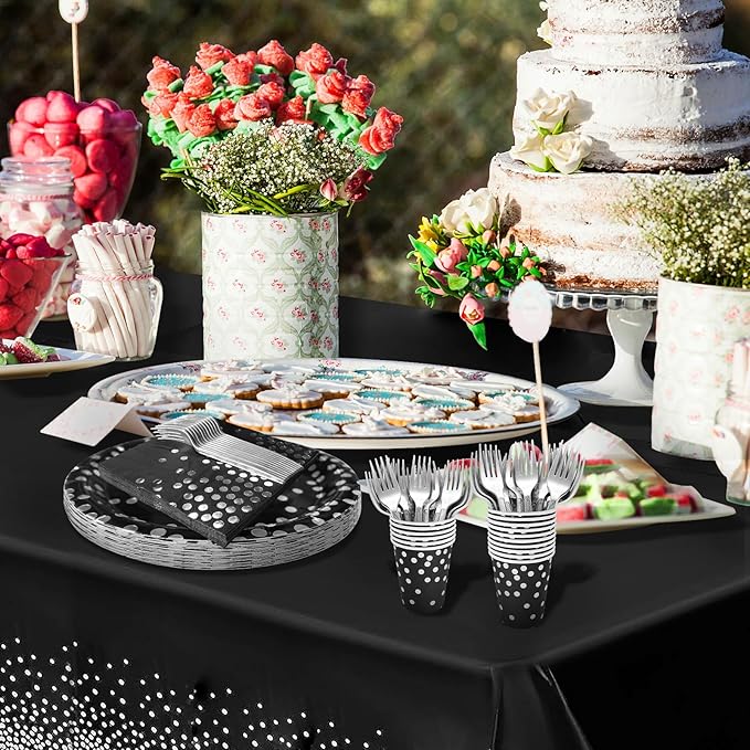 Serves 25 Guests Black and Silver Paper Plates Napkins Party Supplies,9-inch Silver Dot Black Paper Plates Napkins Cups Tablecloths for Father’s Day Prom Retirement Wedding Birthday Party