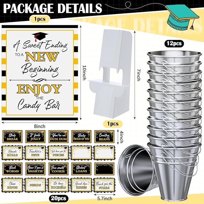 12 Set 2026 Graduation Candy Buffet Party Decoration Graduation Table Candy Bar Snack Labels Signs and 5'' Buckets with Handle for Class of 2026 Party Parties Supplies(Plaid Border Style,Silver)
