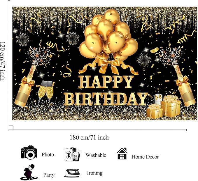 YinQin 180x120 cm Glitter Golden Black Happy Birthday Party Photography Backgrounds Backdrops Cloth 71x47 inch Shiny Black Gold Happy Birthday Sign Banner Bday Party Supplies Decoration for Women Men