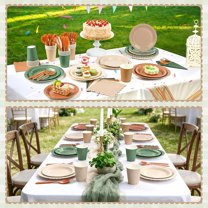 168 Pcs Woodland Baby Shower Tableware set Sage Green and Brown Party Supplies Include Forest Scalloped Plates Paper Napkin Cup Knife Fork Spoon for Safari Jungle Neutral Birthday,Wedding