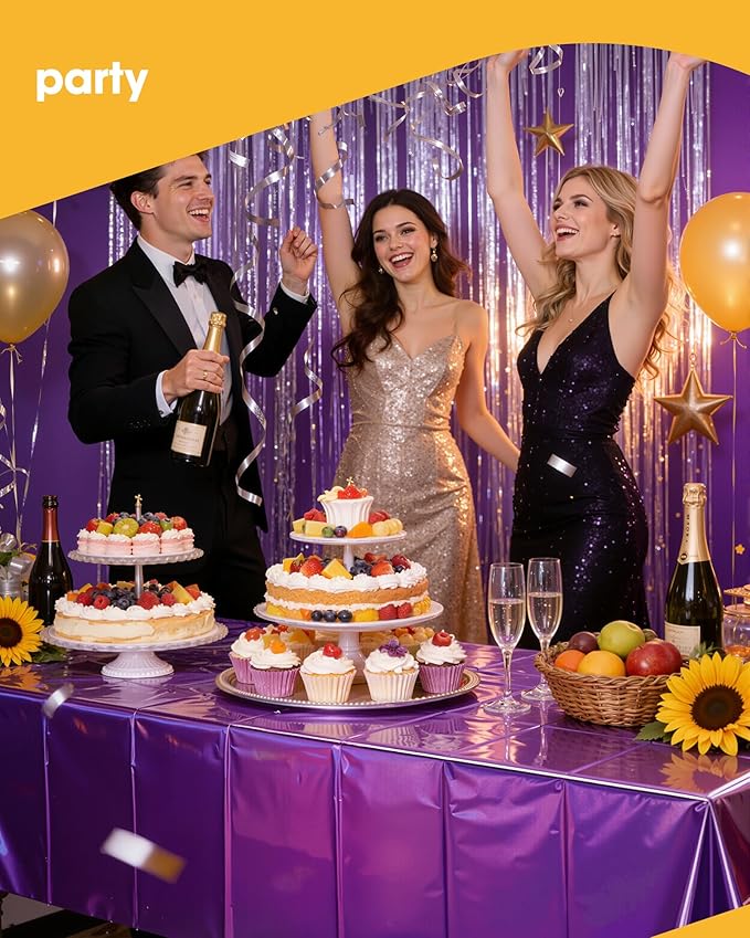 Iridescent Purple Plastic Table Cloth - 4 Pack 54" × 108" Rectangle Disposable Tablecloths for 6FT Tables, Table Cover for Party, Holiday & Gathering Use