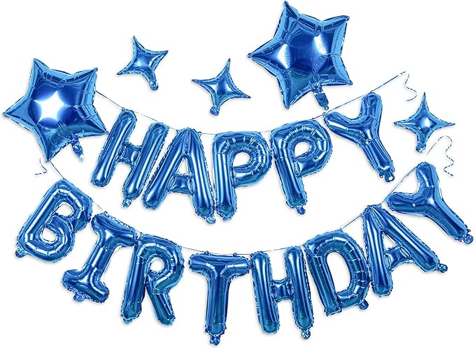 HiParty 23pcs Birthday Balloons Banner, 3D Blue Premium Mylar Foil Ecofriendly Letter Happy Birthday Banner with 5pcs Star Balloons Kits for Kids Boys Men Adults Birthday Party Decorations Supplies