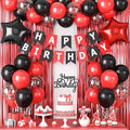Red and Black Party Decorations for Men Women Boys Girls, Red Black Confetti Balloons 'HAPPY BIRTHDAY' Banner Fringe Curtains Foil Balloons Cake Topper for Birthday Party Decor
