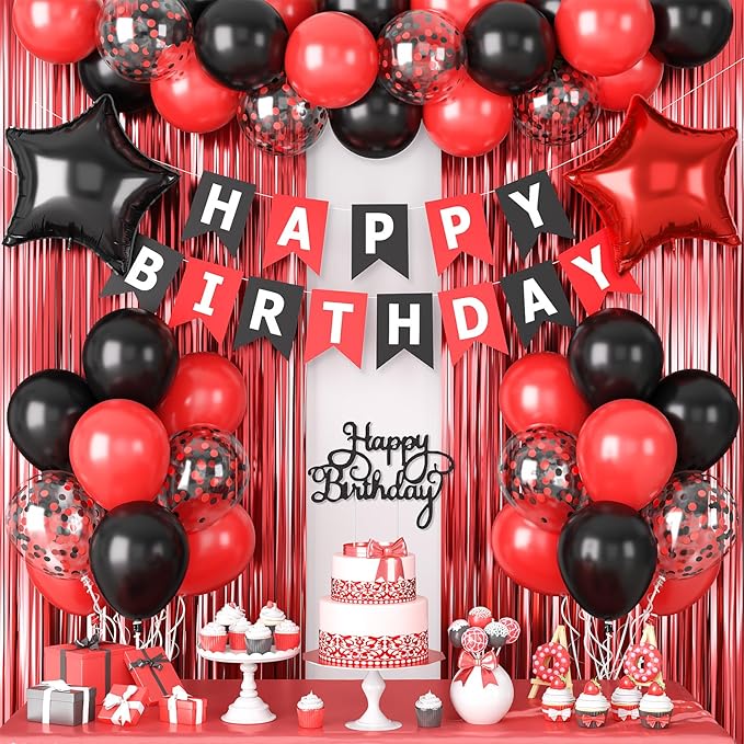 Red and Black Party Decorations for Men Women Boys Girls, Red Black Confetti Balloons 'HAPPY BIRTHDAY' Banner Fringe Curtains Foil Balloons Cake Topper for Birthday Party Decor