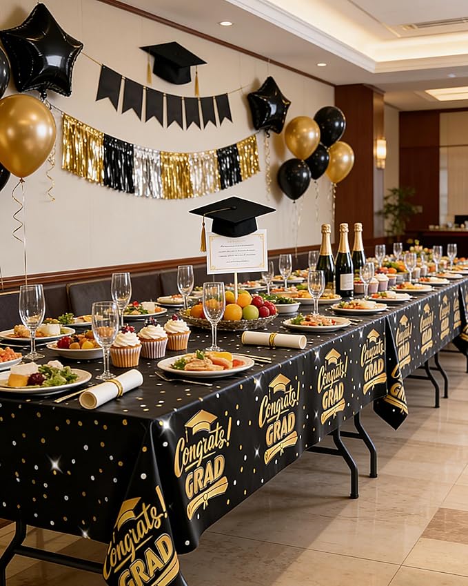 Graduation Black Plastic Table Cloth - 4 Pack 54" × 108" Rectangle Disposable Tablecloths for 6FT Tables, Table Cover for Party, Holiday & Gathering Use