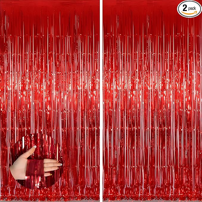 Valentines Day Keyali 2 Pack 3.3 * 8.3 ft Foil Curtain Metallic Tinsel Fringe Curtains Photo Booth Props Backdrop for Birthday Wedding Engagement Baby Shower Christmas Holiday Celebration Partyl,Red