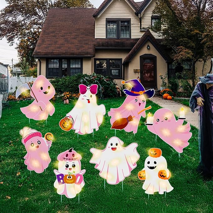 Amyhill 8 Pcs Lighted Cute Ghost Yard Signs Halloween Decorations Outdoor Yard Stakes Spooky Pumpkin Ghost Witch Garden Signs with Stakes for Halloween Happy Boo Party Lawn Patio Outdoor(Pink)