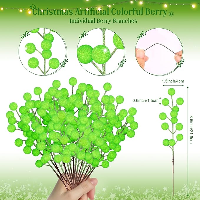 HOHOTIME 24 Pack Artificial Berry Stems Branches, Christmas Faux Holly Green Berries Branches Ornaments for Christmas Tree Wreath DIY Craft Decorations Holiday Home Decor(Colorful)