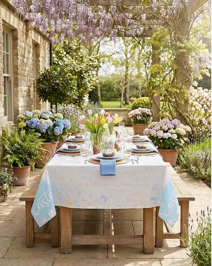 Party Dimensions Happy Easter Plastic Table Cover - White & Sky Blue Bunny & Egg Design, Disposable Tablecloths, 54" x 96" (12 Pack) - Perfect for Easter Parties, Brunches & Celebrations