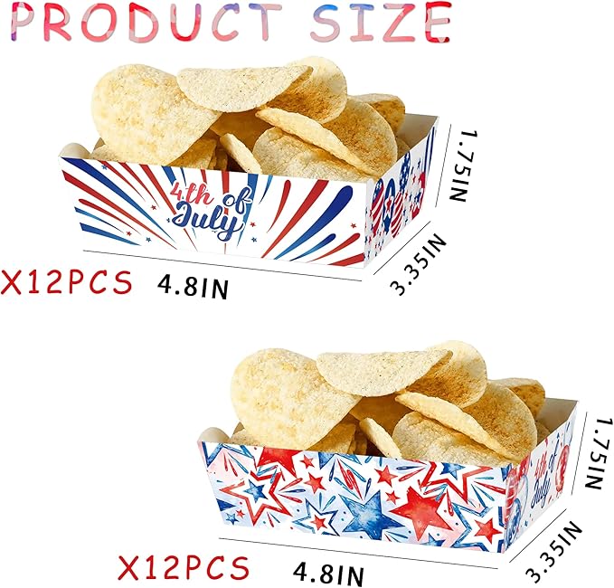 4th of July Paper Food Trays 24pcs Patriotic Red White Blue Disposable Snack Candy Holder Trays For Independence Day Theme Party Decorations