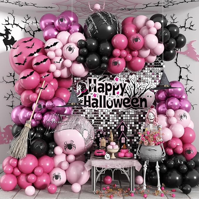 Halloween Balloon Arch Garland Kit, Black Pink Witch Halloween Balloons with Spider & Bat Decor, Metallic Fuchsia Pastel Goth Spooky Balloon for halloween Party Home Garden Outdoor Party Decorations