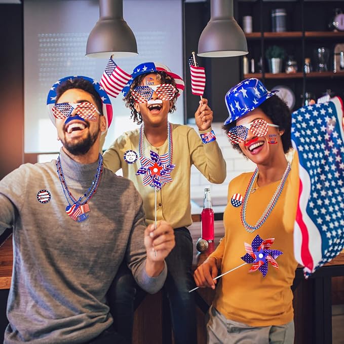 156 PCS 4th of July Accessories Patriotic Party Favors American Flags Glasses Slap Bracelets Pinwheels Tattoo Stickers Brooches Beards Necklaces for Independence Day Memorial Day
