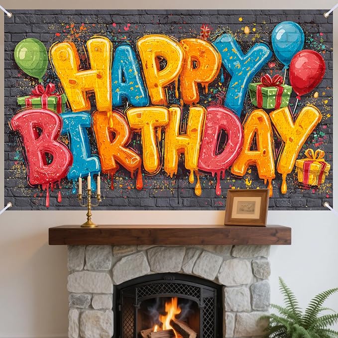 Nuxovilar Happy Birthday Yard Banner - 71x43 inches, Graffiti-Inspired Design Decorations Large Happy Birthday Banner Outdoor & Indoor Backdrop